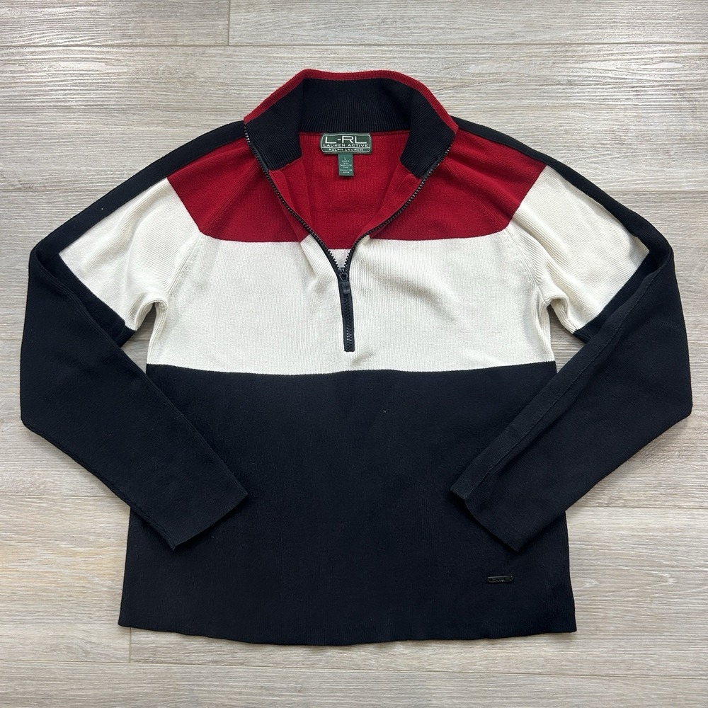 Lauren Active Ralph Lauren Large Colorblock Quarter Zip Sweater Y2K Red Black